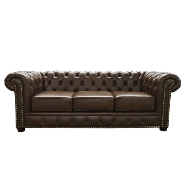 Sofá Chesterfield de Couro 3 Lugares - Marrom Bicolor - Mempra